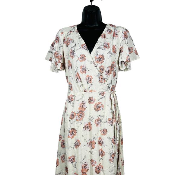 Everly Floral Wrap Dress Pink Cream Short Sleeve Midi Spring Flowy - S - Picture 1 of 5